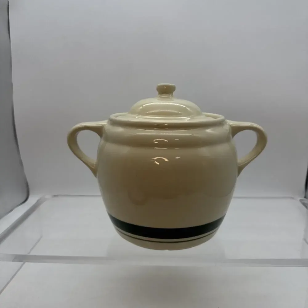 Roseville Ohio 3 Qt. Bean Pot Cookie Jar with Lid Green Stripes READ